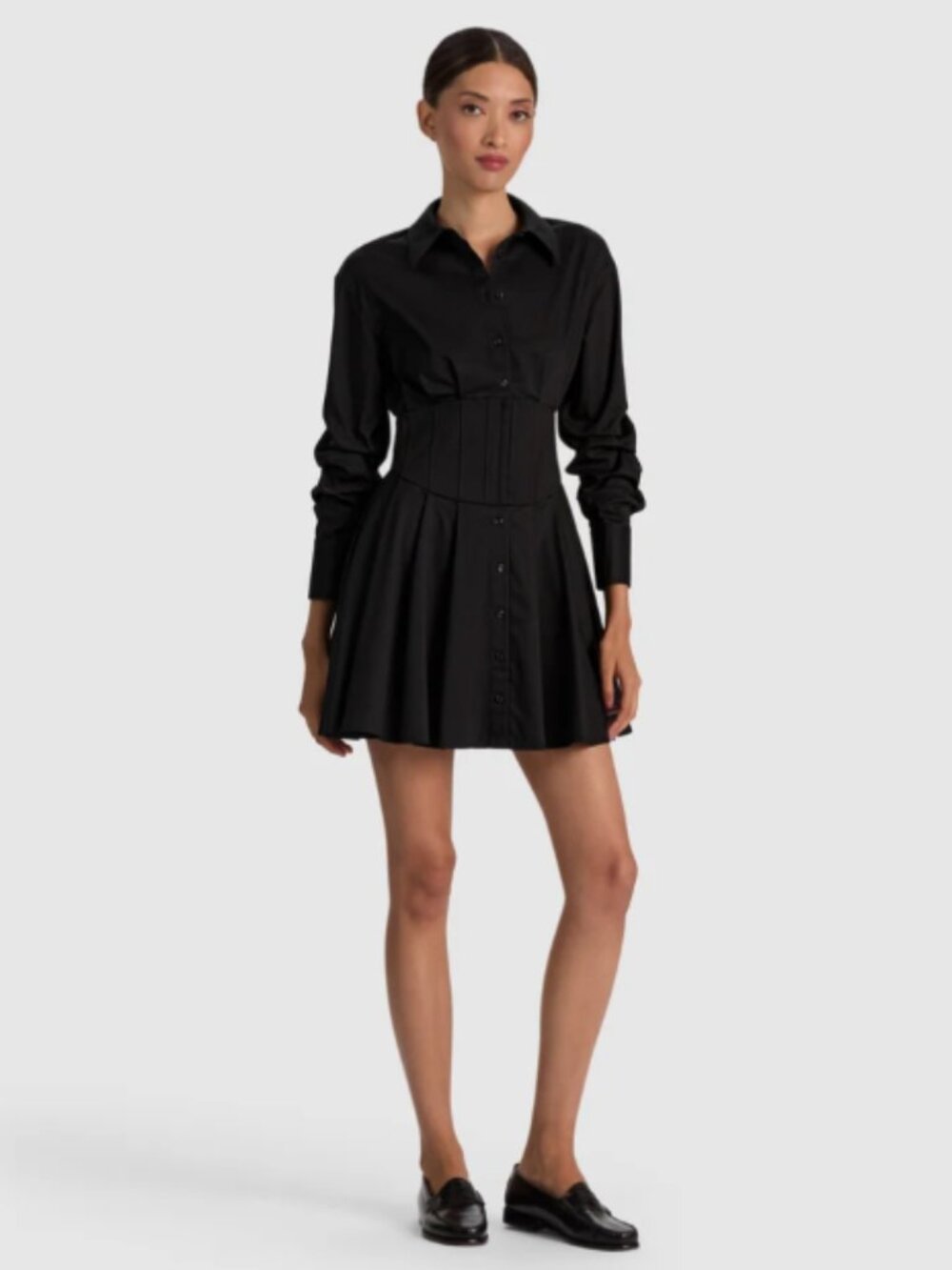 Alice + Olivia Edie Black Corset Waist Pleated Shirt Button Down Mini Dress NWOT